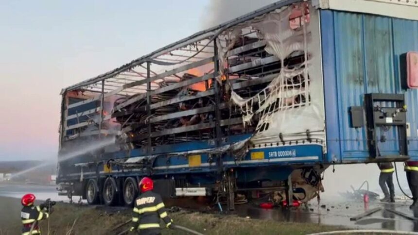 Incendiu la o remorcă de camion pe centura Drobetei